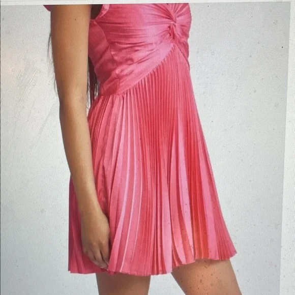 Moon river Pink satin Dress with gathered bust, pleated skirt &Ruffle Sleeve - Picture 2 of 10